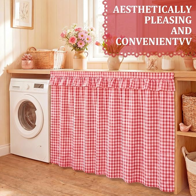 Pink Ruffle Gingham Sink Skirt Self-Adhesive Bathroom Stitch Self Stick Adhesive Fabric Under Sink Curtain Skirt 55'' x 32'' for Bathroom Kitchen Laundry Utility Room Decor