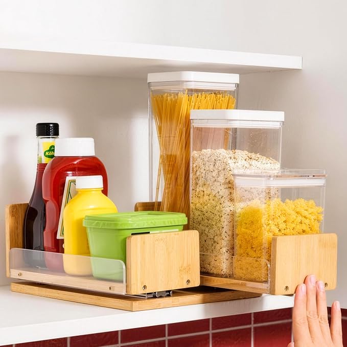 Bamboo Pull Out Spice Rack Organizer for Cabinet, 9"W x 10.6"D x 4.8"H Low Profile Pantry Vertical Organization with 2 Slide Out Drawers(4.3"w), Kitchen Storage for Spice Jars & Pantry Essentials