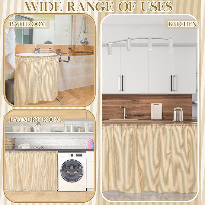 VitalCozy Cabinet Curtains 28" W x 51" L Sink Skirt for Bathroom Kitchen Office Desk Brown Stripes Cabinet Curtains for Classroom Office Home Drape Under Desk Privacy Drape for Laundry Room