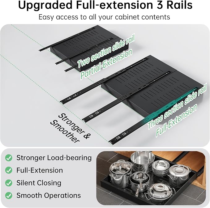 Pull out Cabinet Organizer, 1 pack, 16.5" Deep Heavy Slide out Drawers, Upgrade Three Triple-Slide Rail Systems, Expandable 12.8"-20.8" Roll out Shelf Storage for Kitchen Base Cabinet Organization