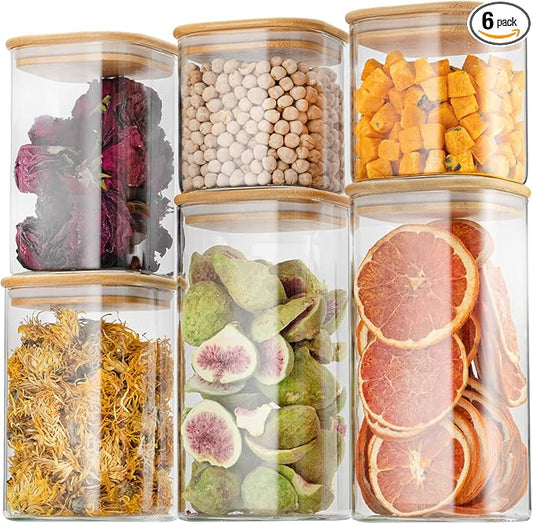 D2scrma Airtight Glass Square Storage Containers with Bamboo Lid Set of 6 (650ml*2/1100ml*2/1500ml*2) Stackable Jars, Kitchen Canister for Pantry Cereal, Nuts, Snacks and Coffee beans