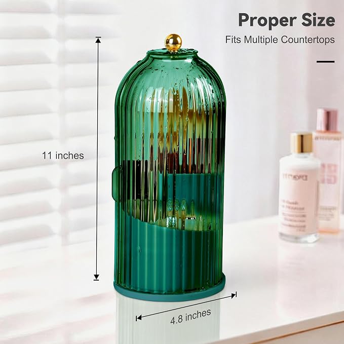 Hvygss 360° Rotating Makeup Brush Holder with Lid, Waterproof Three-Compartment Makeup Organizer, 180° Side-Pull Door Desk Organizer, Dustproof Brush Holder for Vanity and Bathroom (Green)
