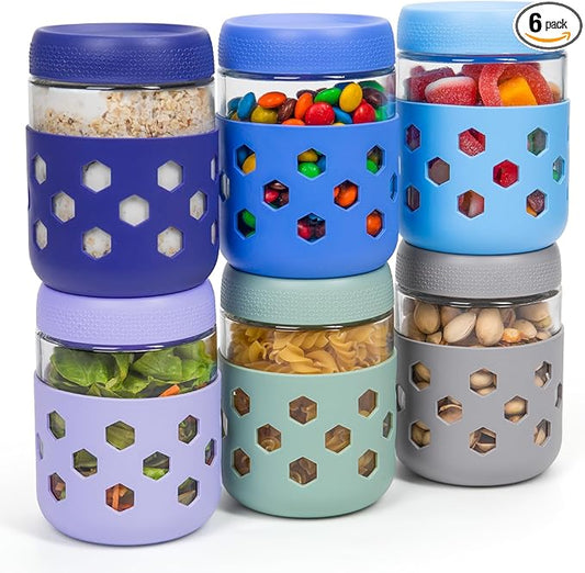 Gemice 6-Pack 16oz Glass Mason Jars with Silicone Sleeves, Airtight BPA-Free Overnight Oats Containers with Lids, Dishwasher Safe Leak-Proof Meal Prep Jars for Chia Pudding, Yogurt, Snacks