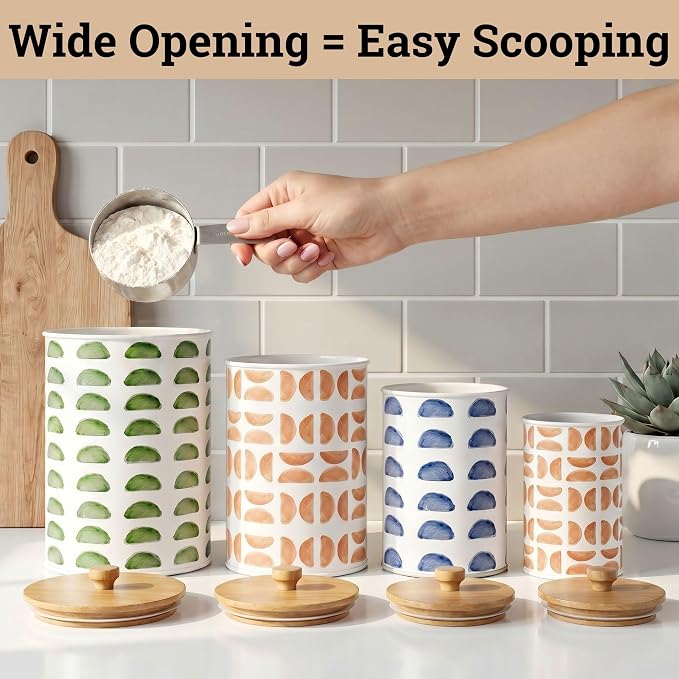 Kitchen Canisters for Countertop Set of 4 - Patterned Iron Kitchen Canisters with Airtight Lids - Flour Sugar Canister Set - Flour and Sugar Containers Farmhouse - Coffee Jar for Counter - White Jar