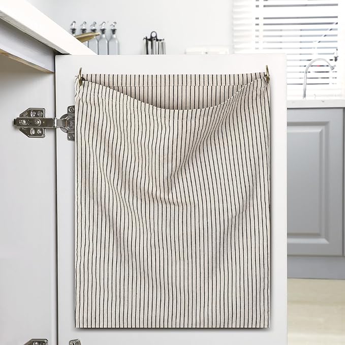Reusable Dirty Rag Storage Bag Linen Dish Towel Cloth Bag Dish Rag Holder Natural Cotton Vintage for Under Sink Cabinet Door Organizer Laundry Bathroom Storage(Ecru,Vertical Stripes)