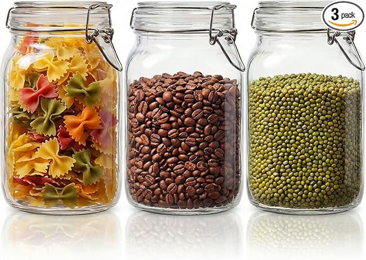 HomArtist Square Glass Jars with Airtight Lid Set of 3, 50 floz Wide Mouth Mason Jars with Clamp Lids,Glass Sealed Jars with Air Tight Lids, Best for Kitchen & Pantry Food Storage