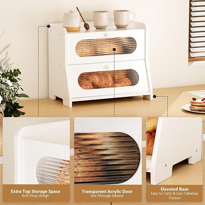 Bread Box for Kitchen Countertop,Large Capacity Double Layer Kitchen Countertop Organizer,Bread Storage with Acrylic Window for Cabinet,Pantry,Cupboard(White)