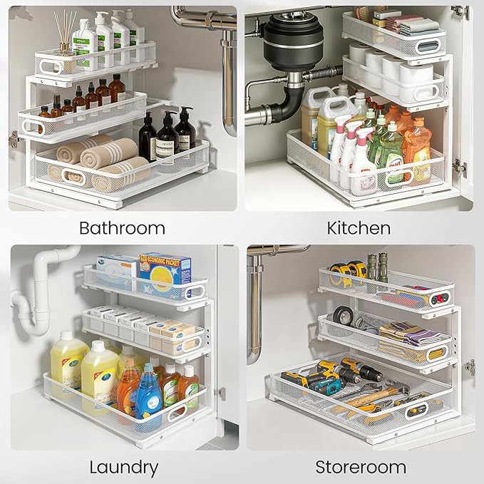 Under Sink Organizer, 3-Tier Pull Out Cabinet Organizer with Drawer Stops, Height Adjustable Slide Out Storage Rack for Kitchen Bathroom Pantry Laundry Room Organization, 2 Pack