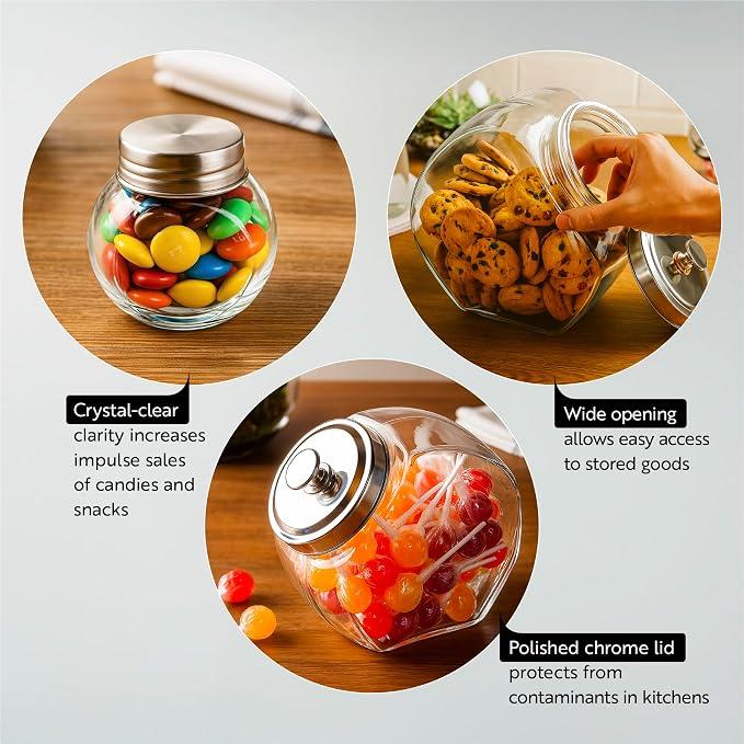 Restaurantware Vetri 2 Ounce Mini Favor Jars 100 Durable Candy Jars - With Wide Spout Chrome Lid Clear Glass Candy Jars Dishwashable