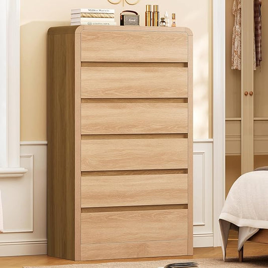 TEENFON Tall Dresser for Bedroom with 6 Drawers, 49.2" Tall Dressers & Chest of Drawers with Curved Profile Design, Wood Closet Storage Dressers Organizer for Bedroom, Living Room, Natural
