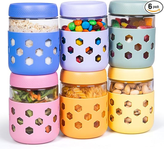 Gemice 6-Pack 16 oz Overnight Oats Containers with Lids and Silicone Sleeves, Glass Mason Jars with Airtight Lid, Dishwasher Safe, Wide Mouth Chia Seed Pudding Meal Prep Jar for Yogurt Berries Snack