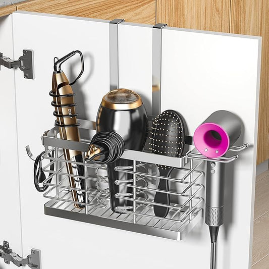 Sevenblue Hair Tool Organizer, 3-in-1 Universal Hair Dryer Holder, Adjustable Height Metal Blow Dryer Holder Wall Mounted/Over Cabinet Door/Free-Standing (Silver)