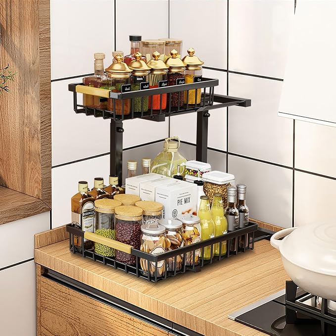 Under Sink Organizer and Storage: 2-Tier Adjustable Height Under Sink Bathroom Organizers Multi-Purpose Bathroom Cabinet Pull Out Drawers for Kitchen with Hooks (Black)