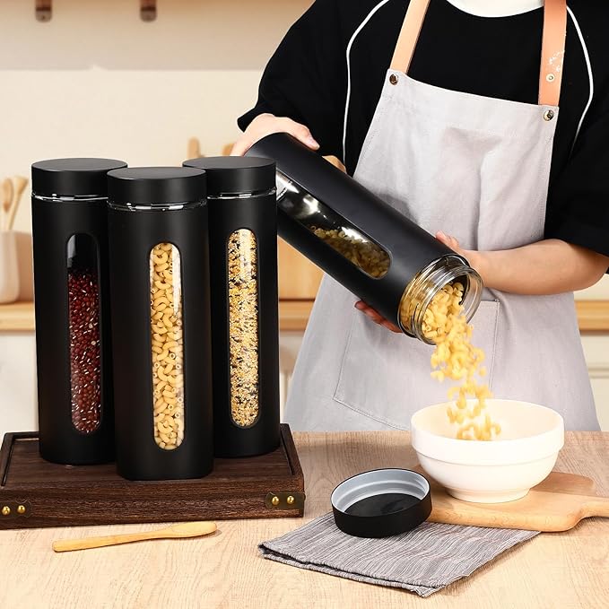 Mimorou 3 Pcs Stainless Steel Canister Set with Glass Windows Visible Storage Jars Silver Kitchen Canister Set for Pasta Flour Oat Sugar Container, Kitchen Tools, Housewarming Gifts(Black,60 oz)