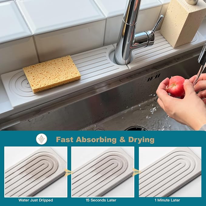 Faucet Mat for Kitchen Sink, Stone Drying Mat for Kitchen Counter, Stone Mat Bathroom, Kitchen Mat, Sink Mat, Water Absorbing Stone Tray for Sink, Bathroom Stone Mat (WHITE, 23.6*4")