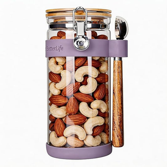 KKC 1.5-Quart Large Glass Nuts Storage Container, Airtight Food Storage Jar with Bamboo Lid & Scoop, Keeps Nuts Crunchy & Fresh, Perfect for Pantry Organization & Storing Nuts, Almonds, Peanuts