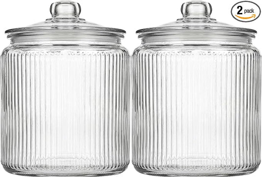 kitchentoolz 1 Gallon Ribbed Glass Cookie Jar - Large Food Storage Container with Airtight Lid - Keep Fresh Flour, Chewy Pet Treats, Candy, Dried Foods - Pack of 2