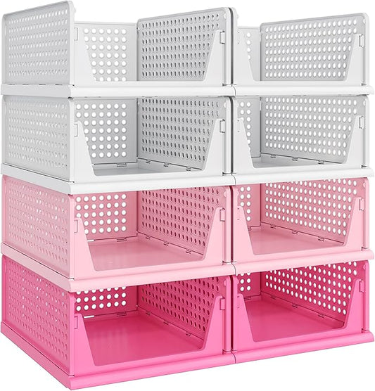 Pink Girl Closet Organizers and Storage Stackable Plastic Drawer Basket for Clothing Stackable Storage Bins Shelf Storage Container for RV Closet Wardrobe Bedroom Bathroom Playroom 8 Pack