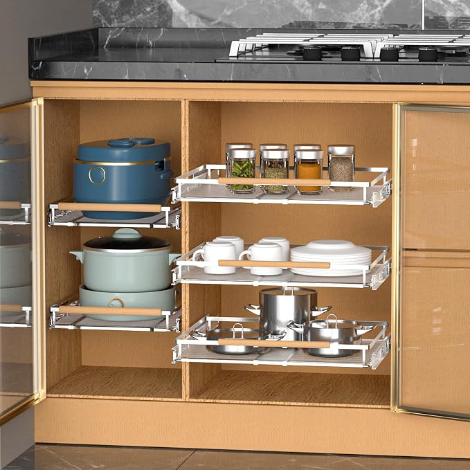 Pull Out Drawer Cabinet Organizer, Expandable Slide Out Storage Shelves - Heavy Duty, Durable and Smooth Slide-Out, 17" x 28" Wide x 22.5" Deep, 2 Pack