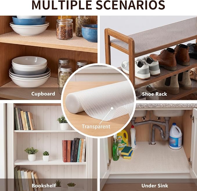 PABUSIOR Cabinet Drawer Liners for Shelves: 100% EVA Non Slip Clear Kitchen Cupboard Mats 16" x 240" - Multiple Wide Non-Adhesive Waterproof Refrigerator Shelf Liner for Pantry Shelves Bathroom