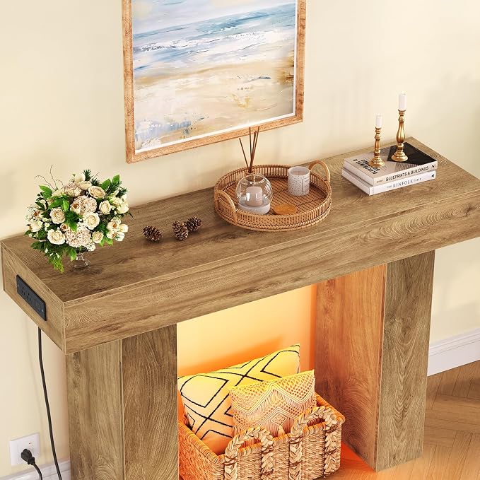 47.2" Entryway Table, Console Table with Charging Station and Adjustable LED light, Farmhouse Wood Sofa Table, Behind the Couch Table, Narrow Console Table, Entry Table for Hallway, Living Room