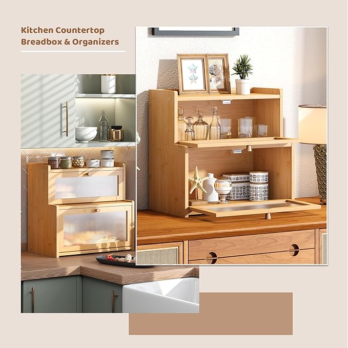 Bread Box for Kitchen Countertop Double Layer Large Corner Bread Box Capacity Bread Storage Bin Farmhouse Breadbox Container Organizer Cabinet Cupboard Nature