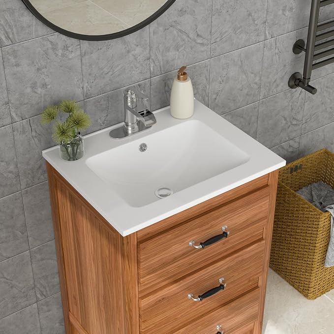 Lordear White Bathroom Sink One Hole Drop In 24 X 20 Inch One Holes Porcelain Ceramic Bathroom Vanity Top Sink Basin 24" Drop in Bathroom Sink