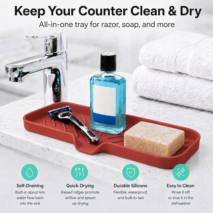 MicoYang Silicone Soap Dish with Drain Spout — Self-Draining Double Sink Organizer Tray for Kitchen & Bathroom, Dispensers, Sponges & Soap Holder, Non-Slip & Dishwasher Safe, Red (Large, 12"×4")
