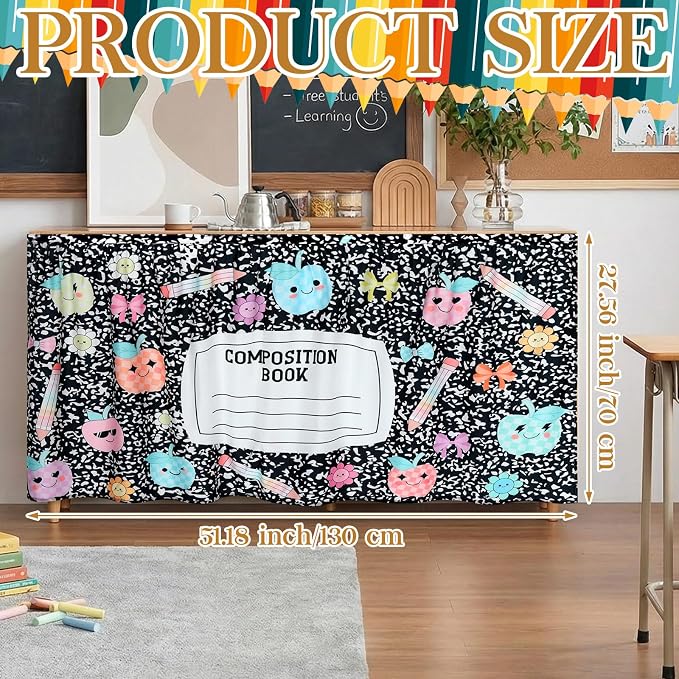 VitalCozy Composition Notebook Table Skirt for Classroom Teacher 28" W x 51" L Desk Skirts Teacher Appreciation Week Back to School Gifts for Kindergarten Classroom Office Bookcase Decoration