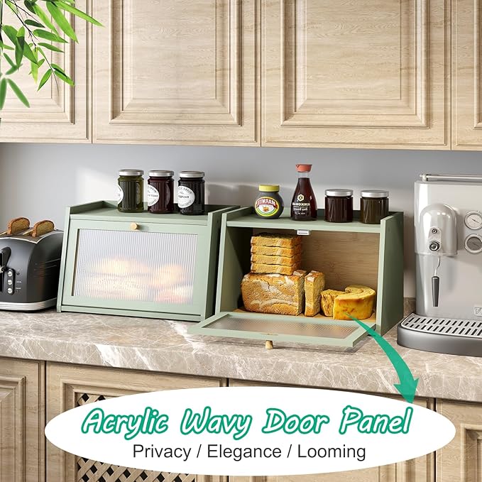 kiplant Green Bread Box for Kitchen Counter, Large Bamboo Bread Storage Container with Wavy Arcylic Door, Bamboo Wooden Farmhouse Bread Box for Your House