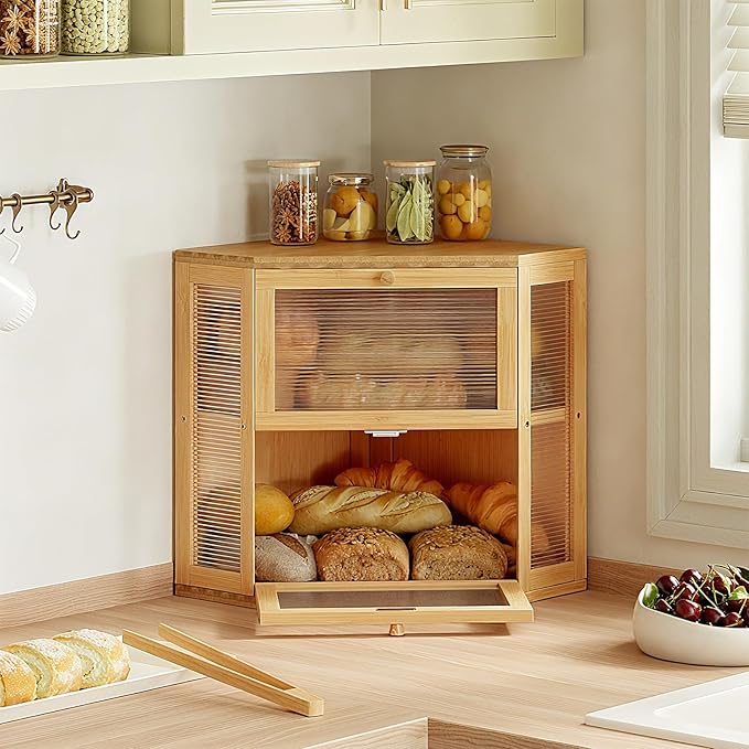 WOWLIVE Corner Bread Box for Kitchen Countertop, Double Layer Bamboo Bread Storage Container, Large Farmhouse Bread box with Acrylic Wavy Door Panel, Under Cabinet Organizer (Natural, Medium)