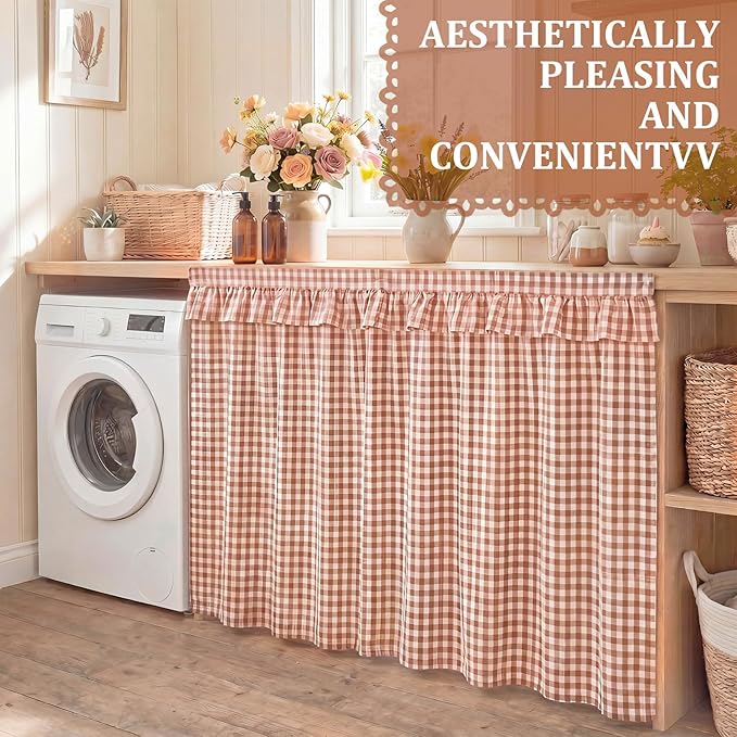 Brown Ruffle Gingham Sink Skirt Self-Adhesive Bathroom Stitch Self Stick Adhesive Fabric Under Sink Curtain Skirt 55'' x 32'' for Bathroom Kitchen Laundry Utility Room Decor