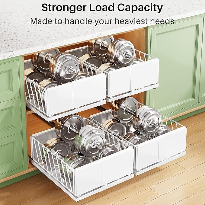 Pull out Cabinet Organizer, 2-Pack Expandable Width(9.8"-13.8") Heavy Duty Slide out Drawers with Raising Pad for Framed Cabinets, Adhesive Roll Out Shelves for Pantry, Kitchen,Bathroom Storage(White)