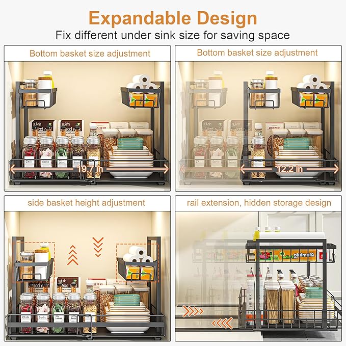 Under Sink Organizer, 1 Pack 2-Tier Expandable Pull Out Storage with Ball-Bearing Slides, Height Adjustable for Kitchen Bathroom Cabinet, Black