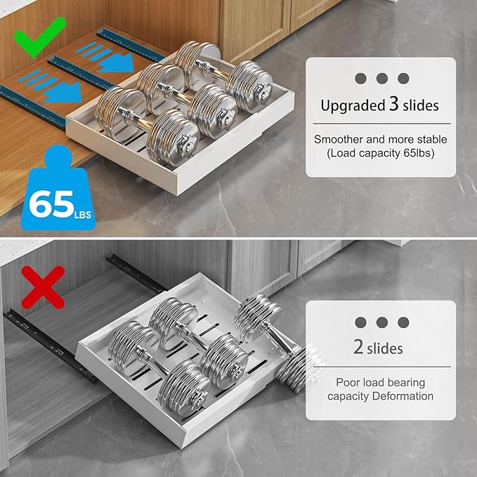 Pull Out Cabinet Organizer, 2PCS 16.5"Deep Expandable Heavy Duty Pull Out Drawers for Cabinets Fixed with Adhesive Film, Peel Stick Slide Out Drawers for Kitchen Pantry Bathroom, No Screw (White)