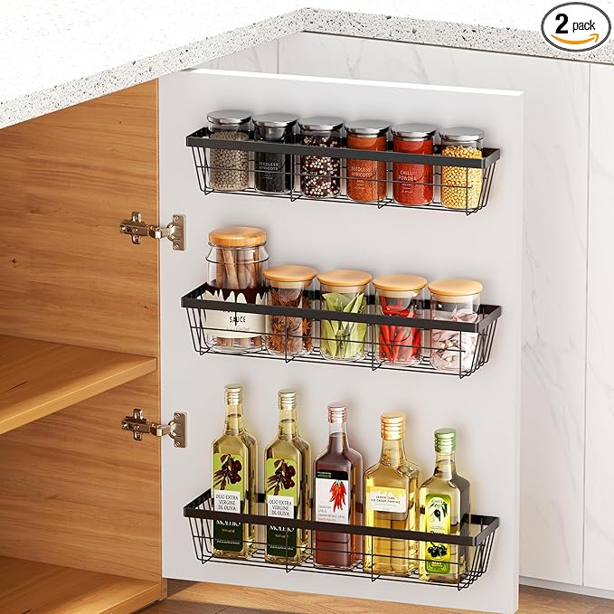 3PCS Cabinet Door Organizer,Self Adhesive Kitchen Cabinet Organizer,Over the Door Organizer Storage Box,metal Pantry Door Organizer,Storage shelf rv must haves. (Blackiron)