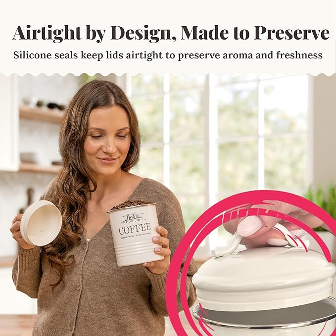 noonberry Kitchen Canisters for Countertop – 3-Piece Airtight Kitchen Canister Set – Sugar Coffee Tea Containers for Kitchen Counter – Cream-White Magnolia Finish