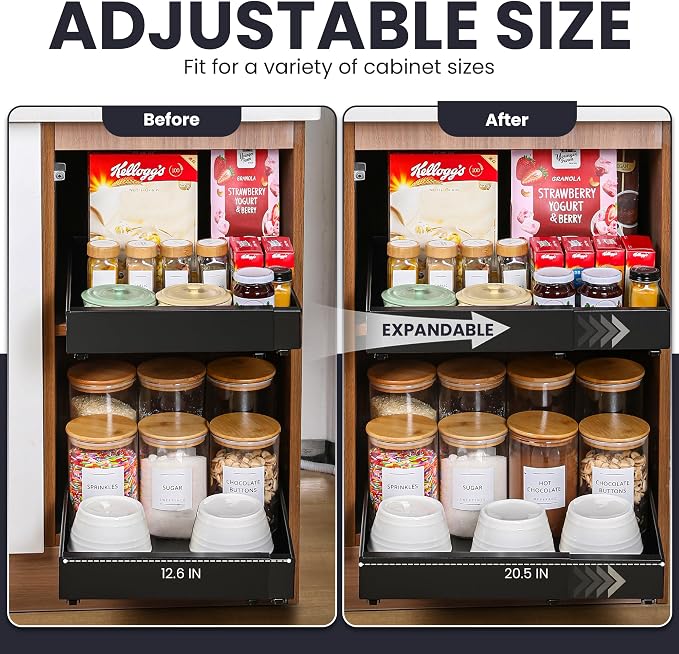 Pull Out Cabinet Organizer – Adjustable Sliding Shelf Inserts for Cabinets - Expandable Shelf Organizer from 12.6" to 20.5" – No Drill or Screw Install (Black, 1 Pack)