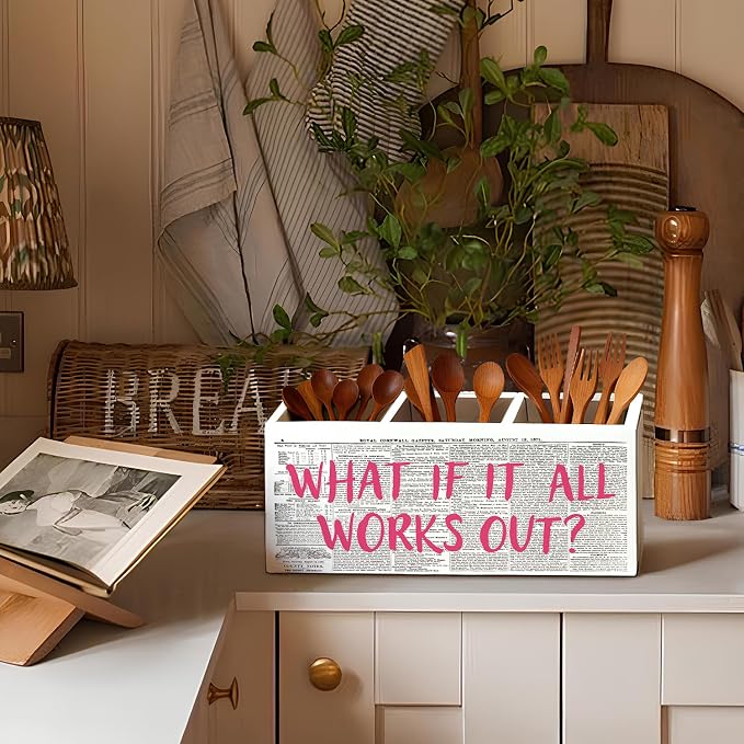 Inspirational Pen Holder, Positive Affirmation Gifts for Women Pencil Holder for Desk, What If It All Works Out Motivational Wooden Box Sign Decorations for Girly Room Dorm Desk Tabletop