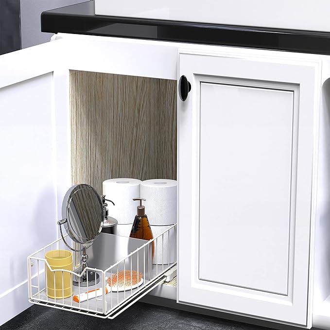 Simple Houseware Pull-Out Cabinet Sliding Basket Organizer, 17.2" D x 9.7" W x 5" H – White, Ideal for Kitchen and Bathroom Cabinet Storage, Under Sink or Pantry Organization