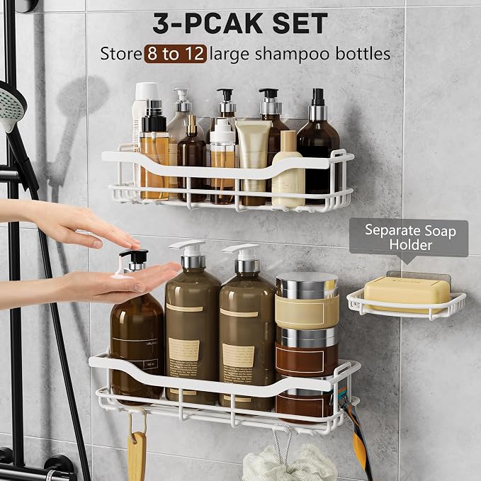 OMAIRA 3-Pack Shower Caddy with Soap Holder, Adhesive Rustproof No-drill Strudy Loading Inside Shower Organizer Shelves Rack Storage Bathroom Organization for Smooth Wall Glass Tile, White (X-Large)