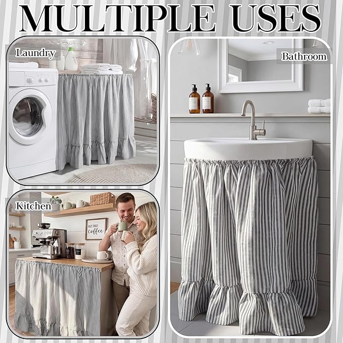 VitalCozy Cabinet Curtain 35" W X 35" L Sink Skirt for Bathroom Kitchen Grey Ruffles Spring Short Curtain for Home Classroom Farmhouse Rustic Drape Under Desk Privacy Drape for Laundry Room