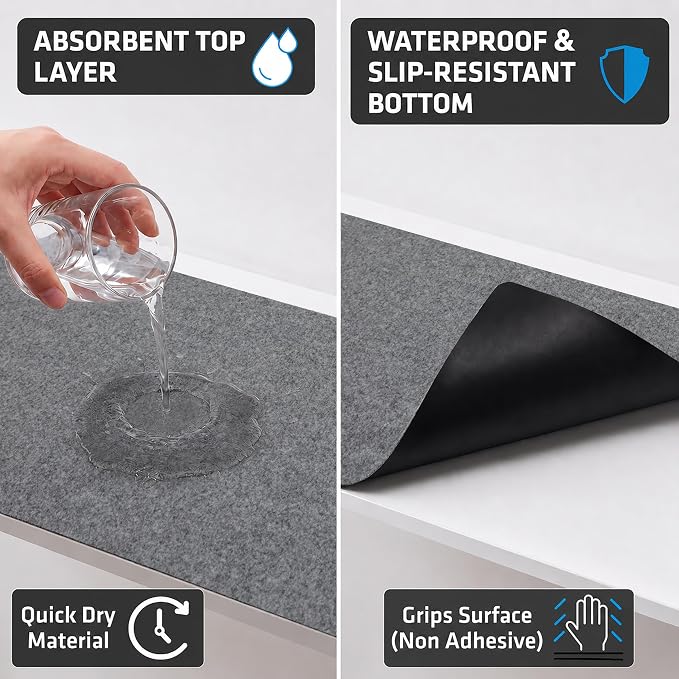 Drymate Premium Luxury Shelf & Drawer Liner, Thick Cushioned Fabric, Non-Adhesive, Absorbent, Waterproof, Slip-Resistant, Liners for Kitchen Cabinets, Cupboards (USA Made)(12”x59”)(2-Pack)(Light Grey)
