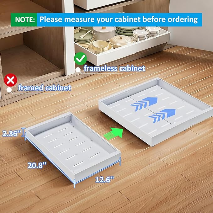 Pull Out Drawers for Cabinets, 1 Pack 21" Deep Expandable Slide Out Drawer for Kitchen Cabinets Adhesive Pantry Pullout Shelves Load-Bearing Upgrade 3 Slide Rails White
