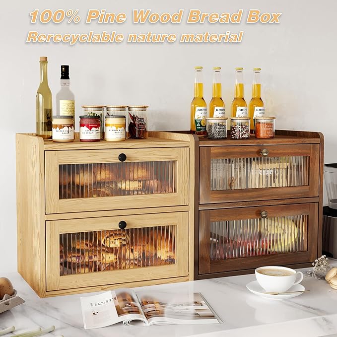 Alpeir Double Layer Large Bread Box for Kitchen Countertop, Retro Brown | Ventilation Hole, Longer Fresh, Natural Wood, Fit Homemade Bread & Baked, Extra Top Storage, Acrylic Window, Farmhouse Style