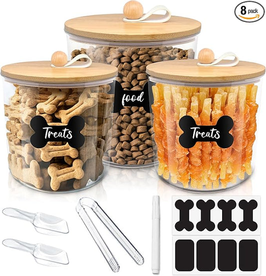 HOYTAMDAR 3 Pack Airtight Dog Food Storage Container, Dog Treat Container Dog Food Containers with Bamboo Lids 8x7''&6x5'',Pet Food Storage Container,Cat Food Container with Scoops,Clamp,Labels,Pen