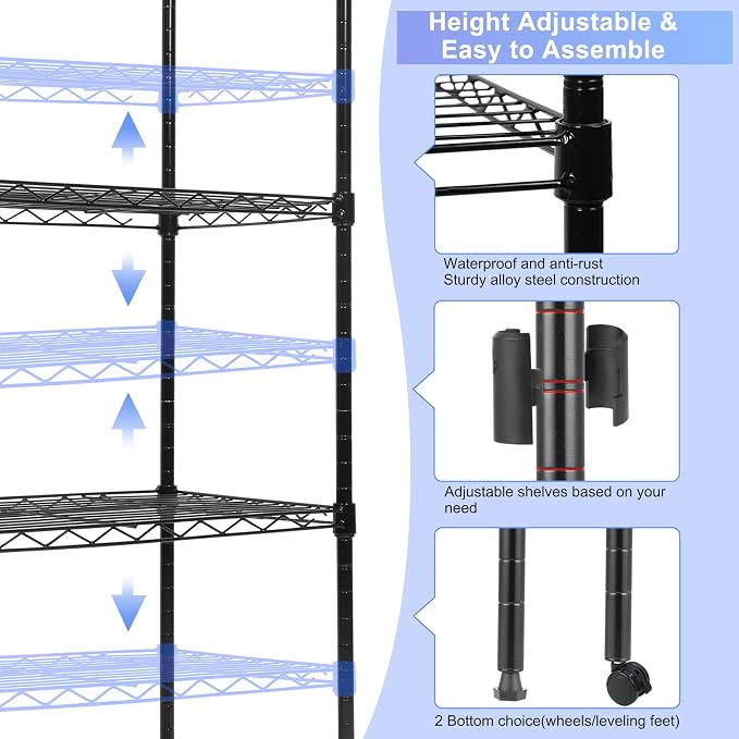 Whitmor 5 Tier Shelving Unit,Metal Storage Shelves, Heavy Duty with 4 Wheels & Adjustable Feet, 400 lbs Capacity per Shelf, Max 2000 lbs Total for Home, Garage, Workshop, 36" L x 14" W x 60" H, Black