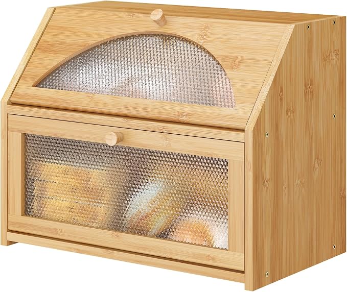 Bread Box, Bamboo Wood Bread Box for Kitchen Counter, Double-layer Bread Storage Bin, Acrylic glass with Diamond Patterns (Natural, Large)