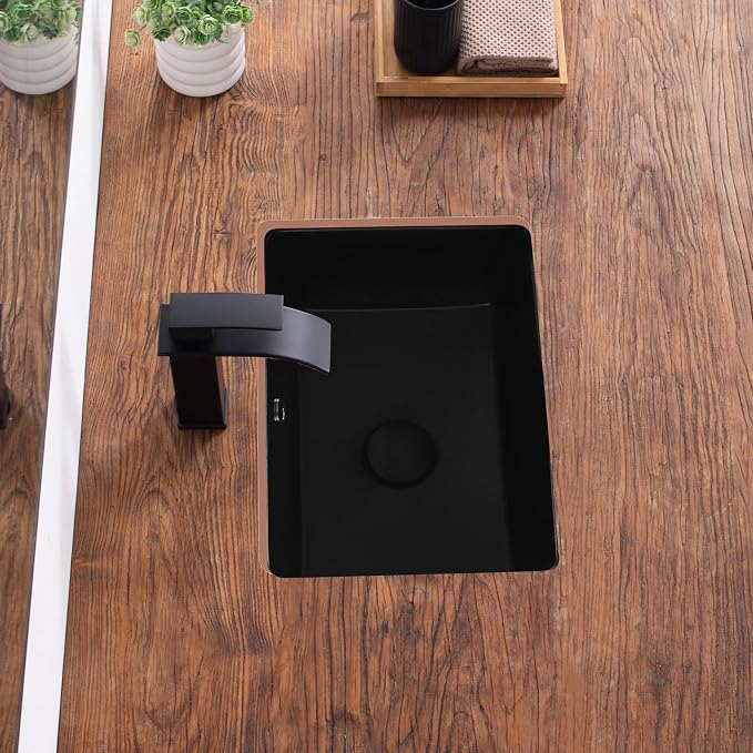 Small Undermount Bathroom Sink 16 Inch Matte Black Rectangular Porcelain Ceramic Vanity Basin with Overflow (15.7"x11.8") KDKSC
