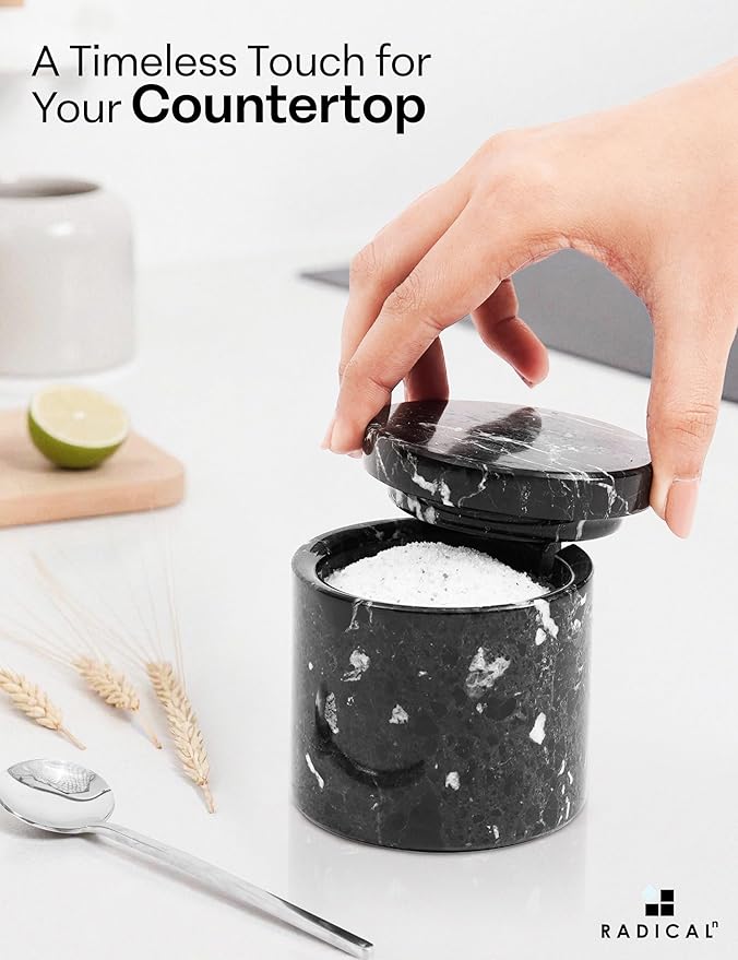 Radicaln Marble Salt Cellar with Lid and Tray 3" Inch Black & White Handmade Salt Dish For Kitchen Countertop, Ideal Set of 2 Seasoning Jars & Table Salt Container For Table
